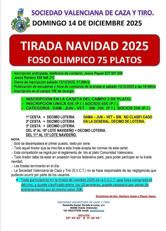 Tirada de Navidad F.O. en La Sociedad Valenciana de Caza Y Pesca en Cheste (Valencia).