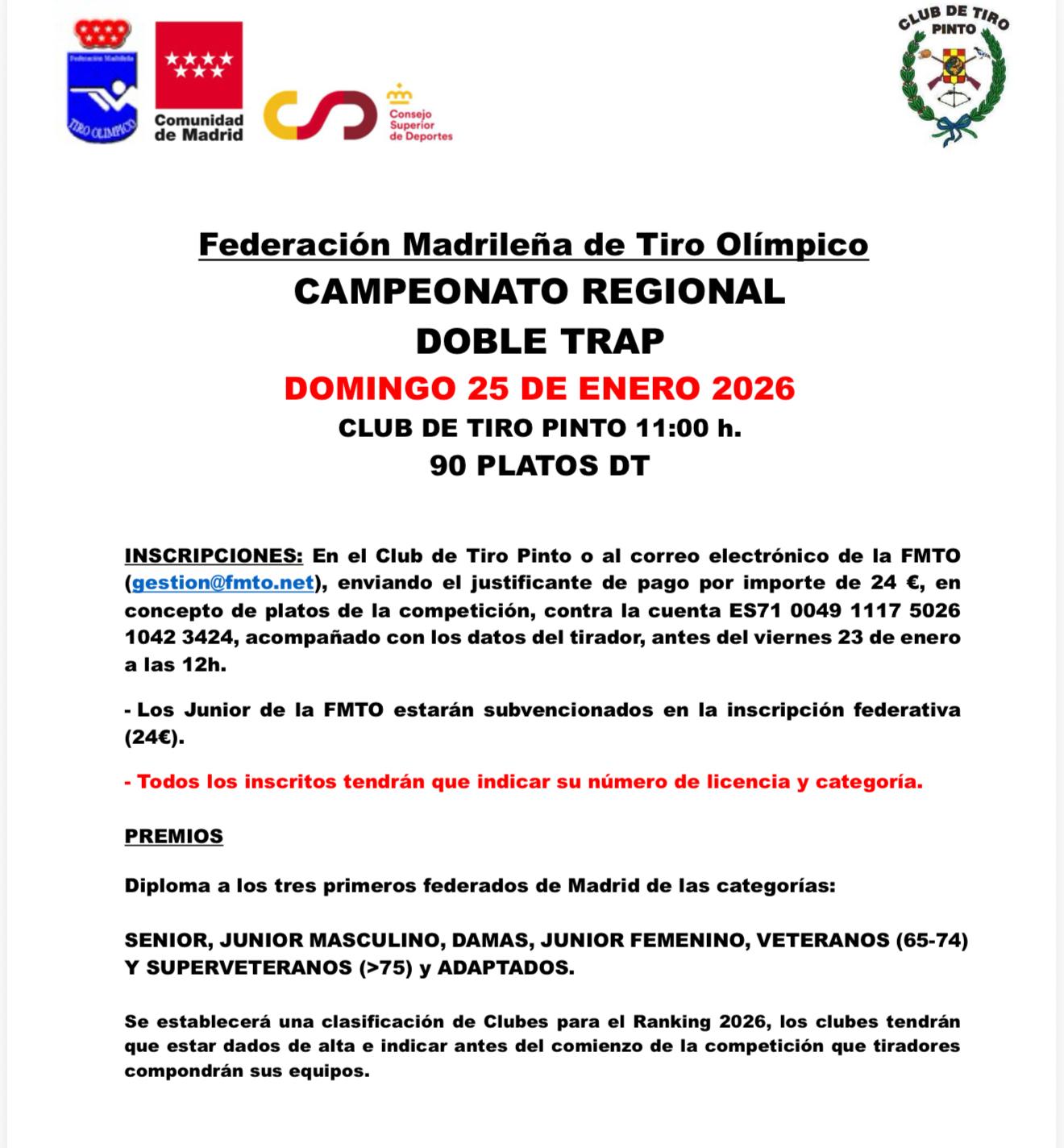 Campeonato Regional DOBLE TRAP Federación Madrileña de Tiro Olímpico en el Club de Tiro Pinto (Madrid).