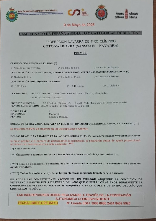 Campeonato de  España Absoluto y Categorías DOBLE TRAP en el Campo de Tiro Valdorba en Sánsoain (Navarra).