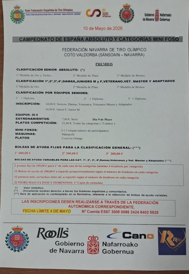 Campeonato de España Absoluto y Categorías MINI FOSO en el Campo de Tiro Valdorba en Sánsoain (Navarra).